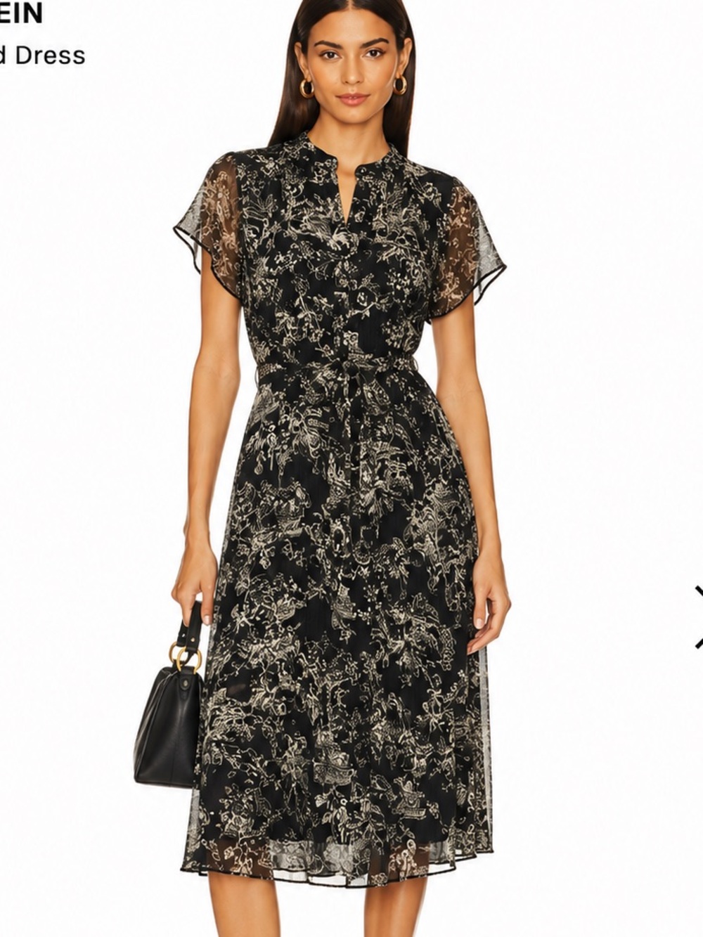 Anne Klein Black and Cream Floral-Print Midi Dress with Tie Waist
